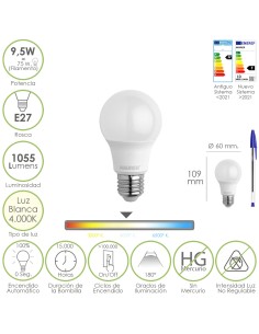 Bombilla Led Estandar Rosca E27. 9.5 Watt. Equivale A 75 Watt. 1055 Lumenes. Luz Neutra (4000º K.)