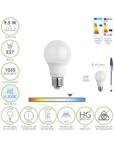 Bombilla Led Estandar Rosca E27. 9.5 Watt. Equivale A 75 Watt. 1055 Lumenes. Luz Fría (6500º K.)