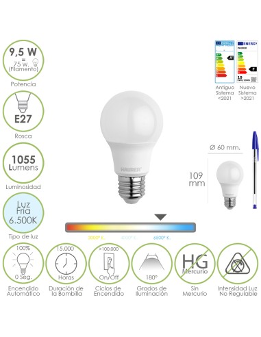 Bombilla Led Estandar Rosca E27. 9.5 Watt. Equivale A 75 Watt. 1055 Lumenes. Luz Fría (6500º K.)