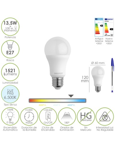 Bombilla Led Estandar Rosca E27. 13,5 Watt. Equivale A 100 Watt. 1521 Lumenes. Luz Fría (6500º K.)