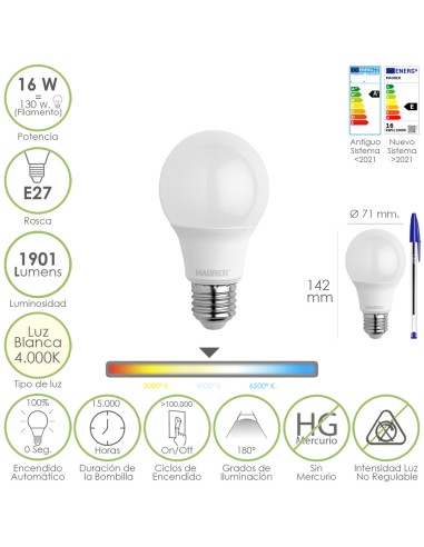 Bombilla Led Estandar Rosca E27. 16 Watt. Equivale A 130 Watt. 1901 Lumenes. Luz Blanca 4000º K.)