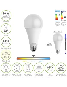 Bombilla Led Estandar Rosca E27. 20 Watt. Equivale A 150 Watt. 2452 Lumenes. Luz Neutra (4000º K.)