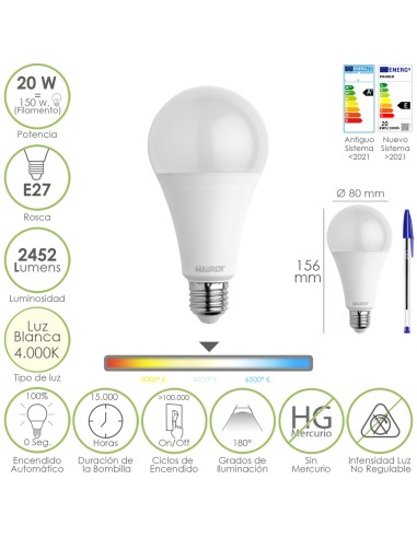 Bombilla Led Estandar Rosca E27. 20 Watt. Equivale A 150 Watt. 2452 Lumenes. Luz Neutra (4000º K.)