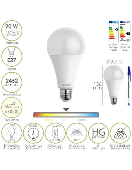 Bombilla Led Estandar Rosca E27. 20 Watt. Equivale A 150 Watt. 2452 Lumenes. Luz Neutra (4000º K.)