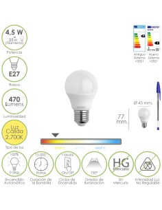 Bombilla Led Esferica Rosca E27 4.5 Watt. Equivale A 55 Watt. 470 Lumenes. Luz Cálida (2700º K.)