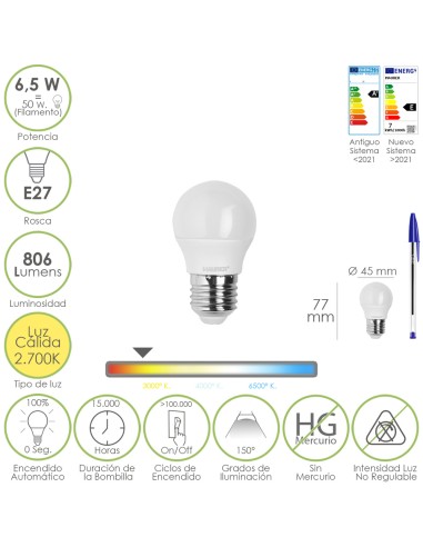 Bombilla Led Esfera Rosca E27. 6.5 Watt. Equivale A 50 Watt. 806 Lumenes. Luz Calida 3000º K.