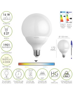 Bombilla Led Globo Rosca E27. 16 Watt. Equivale A 130 Watt. 1901 Lumenes. Luz Blanca (4000º K.)