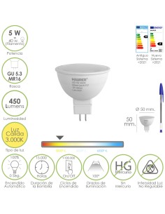 Bombilla Led Dicroica Rosca GU 5.3 / MR16. 5 Watt. Equivale A 40 Watt. 405 Lumenes. Luz Cálida (3000º K.)