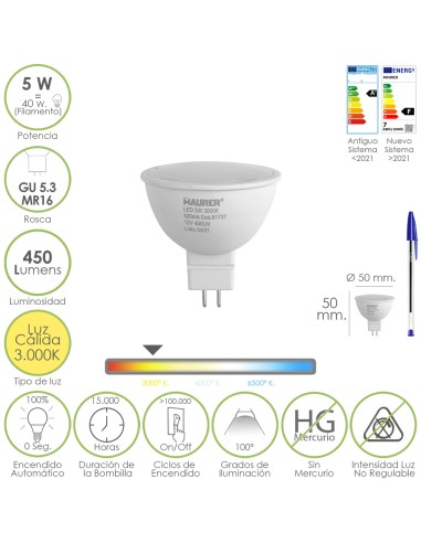 Bombilla Led Dicroica Rosca GU 5.3 / MR16. 5 Watt. Equivale A 40 Watt. 405 Lumenes. Luz Cálida (3000º K.)