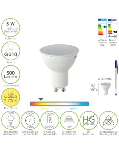 Bombilla Led Dicroica Rosca GU10. 5 Watt. Equivale A 30 Watt. 500 Lumenes. Luz Cálida (2700º K)