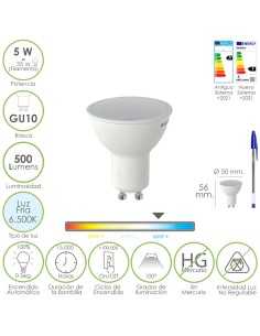 Bombilla Led Dicroica Rosca GU10. 5 Watt. Equivale A 30 Watt. 500 Lumenes. Luz Fria (6500º K.)