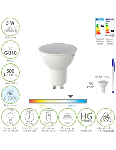 Bombilla Led Dicroica Rosca GU10. 5 Watt. Equivale A 30 Watt. 500 Lumenes. Luz Fria (6500º K.)