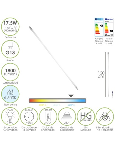 Tubo Led T8 120 cm.17,5 Watt. Equivale A 130 Watt. 1800 Lumenes. Luz Fria 6500º K.