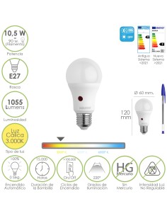 Bombilla Led Esfera Con Sensor Crepuscular. Rosca E27. 10.5 Watt. Equivale A 90 Watt. 1055 Lumenes. Luz Calida 3000º K.