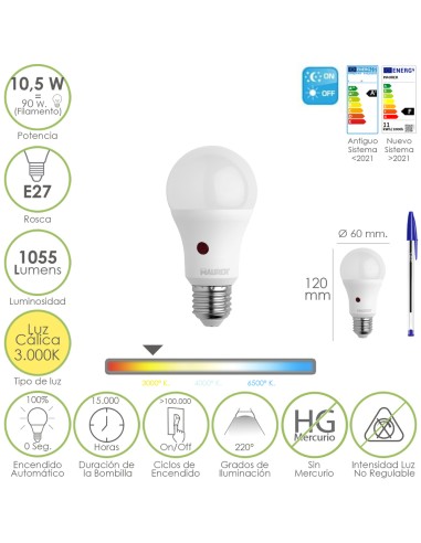 Bombilla Led Esfera Con Sensor Crepuscular. Rosca E27. 10.5 Watt. Equivale A 90 Watt. 1055 Lumenes. Luz Calida 3000º K.
