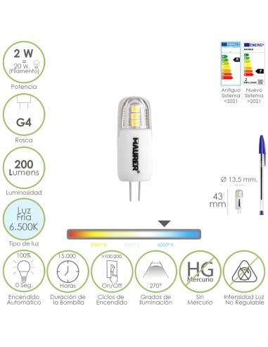 Bombilla Led Dicroica Rosca G4. 2 Watt. Equivale A 20 Watt. 200 Lumenes. Luz Fria (6500º K)