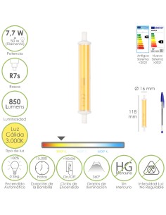 Bombilla Led Para Focos Rosca R7S. 7,7 Watt. Equivale a 50 Watt. 850 Lumenes. Luz Cálida (3000º K.)