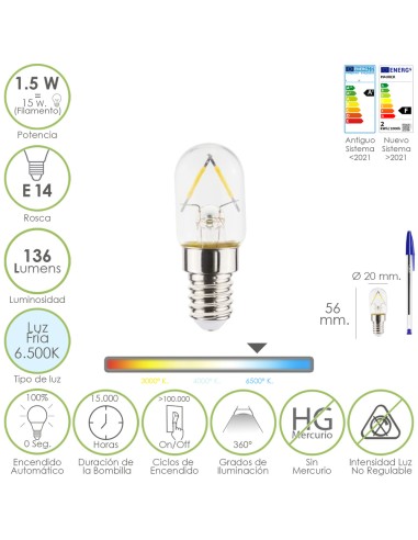 Bombilla Led Frigorifico Rosca E14. 1.5 Watt. Equivale A 15 Watt. 136 Lumenes. Luz Fria (6500º K.)