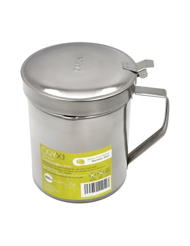 Grasera Acero Inoxidable Para Carne, Aceitera Aceite Usado 1,0 Lts. Con Colador y Tapa, Recipiente Reciclaje Aceite Usado Carne
