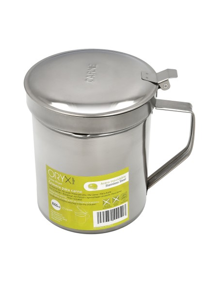 Grasera Acero Inoxidable Para Carne, Aceitera Aceite Usado 1,0 Lts. Con Colador y Tapa, Recipiente Reciclaje Aceite Usado Carne