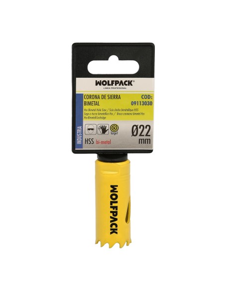 Corona Sierra Bimetal Ø 22 mm. Templado Termico, Base Reforzada. Corona Madera, Broca Agujeros Madera, Acero, Hierro, Plasticos