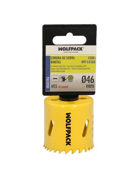 Corona Sierra Bimetal Ø 46 mm. Templado Termico, Base Reforzada. Corona Madera, Broca Agujeros Madera, Acero, Hierro, Plasticos