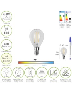 Bombilla Led Filamento Esfera Rosca E14. 4,5 Watt. Equivale A 35 Watt. 470 Lumenes. Luz Neutra 4000º K.