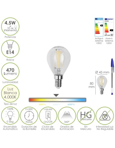 Bombilla Led Filamento Esfera Rosca E14. 4,5 Watt. Equivale A 35 Watt. 470 Lumenes. Luz Neutra 4000º K.