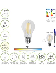 Bombilla Led Filamento Standar Rosca E27. 10 Watt. Equivale A 80 Watt. 1521 Lumenes. Luz Neutra 4000º K.