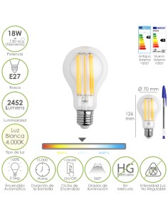 Bombilla Led Filamento Standar Rosca E27. 18 Watt. Equivale A 130 Watt. 2462 Lumenes. Luz Neutra 4000º K.