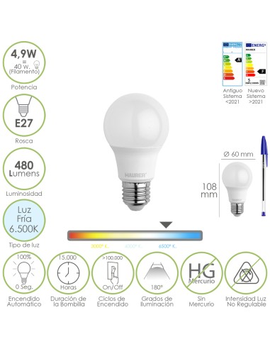 Bombilla Led Estandar Rosca E27. 4.9 Watt. Equivale A 40 Watt. 480 Lumenes. Luz Fria (6500º K.)