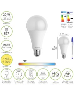 Bombilla Led Estandar Rosca E27. 20 Watt. Equivale A 150 Watt. 2452 Lumenes. Luz Calida (3000º K.)