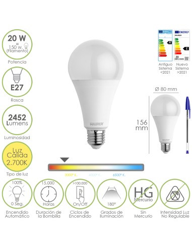 Bombilla Led Estandar Rosca E27. 20 Watt. Equivale A 150 Watt. 2452 Lumenes. Luz Calida (3000º K.)