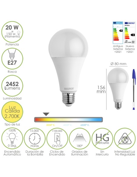 Bombilla Led Estandar Rosca E27. 20 Watt. Equivale A 150 Watt. 2452 Lumenes. Luz Calida (3000º K.)