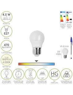 Bombilla Led Esferica Rosca E27 4.5 Watt. Equivale A 55 Watt. 470 Lumenes. Luz Neutra (4000º K)