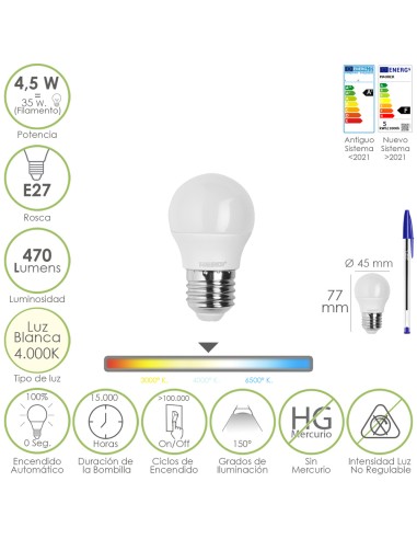 Bombilla Led Esferica Rosca E27 4.5 Watt. Equivale A 55 Watt. 470 Lumenes. Luz Neutra (4000º K)