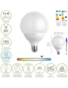 Bombilla Led Globo Rosca E27. 16 Watt. Equivale A 130 Watt. 1901 Lumenes. Luz Fria 6500º K.
