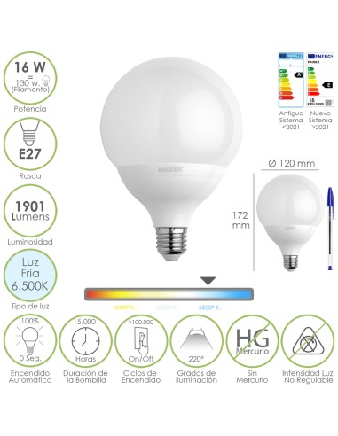 Bombilla Led Globo Rosca E27. 16 Watt. Equivale A 130 Watt. 1901 Lumenes. Luz Fria 6500º K.