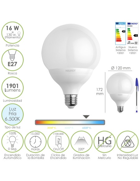 Bombilla Led Globo Rosca E27. 16 Watt. Equivale A 130 Watt. 1901 Lumenes. Luz Fria 6500º K.
