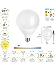 Bombilla Led Globo E27. 20 Watt. Equivale A 150 Watt. 2452 Lumenes. Luz Calida 2700º K.