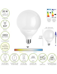Bombilla Led Globo E27. 20 Watt. Equivale A 150 Watt. 2452 Lumenes. Luz Neutra 4000º K.