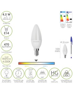 Bombilla Led Vela Rosca E14. 4,5 Watt. Equivale A 35 Watt. 470 Lumenes. Luz Neutra (4000º K.)