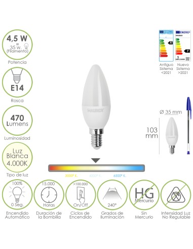 Bombilla Led Vela Rosca E14. 4,5 Watt. Equivale A 35 Watt. 470 Lumenes. Luz Neutra (4000º K.)