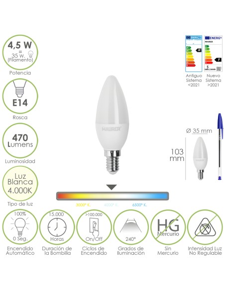 Bombilla Led Vela Rosca E14. 4,5 Watt. Equivale A 35 Watt. 470 Lumenes. Luz Neutra (4000º K.)