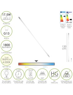 Tubo Led T8 120 cm.17,5 Watt. Equivale A 130 Watt. 1800 Lumenes. Luz Neutra 4000º K.
