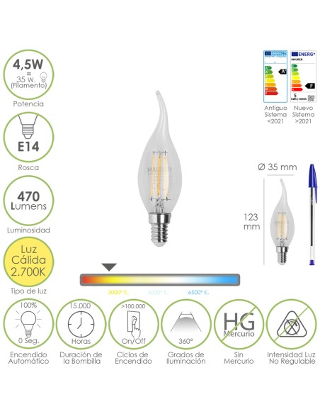 Bombilla Led Filamento Vela Llama E14. 4,5 Watt. Equivale A 35 Watt. 470 Lumenes. Luz Calida 2700º K.