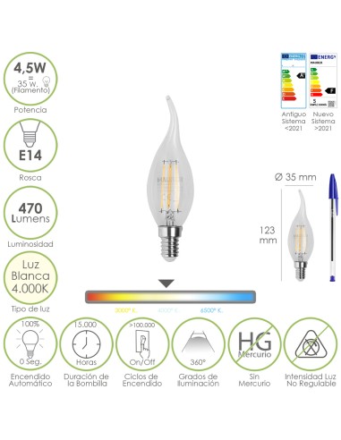 Bombilla Led Filamento Vela Llama E14. 4,5 Watt. Equivale A 35 Watt. 470 Lumenes. Luz Neutra 4000º K.