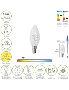 Bombilla Led Filamento Vela Esmerilada E14. 4,5 Watt. Equivale A 35 Watt. 470 Lumenes. Luz Calida 2700º K.