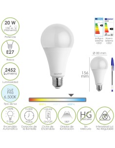 Bombilla Led Estandar Rosca E27. 20 Watt. Equivale A 150 Watt. 2452 Lumenes. Luz Fria (6500º K.)