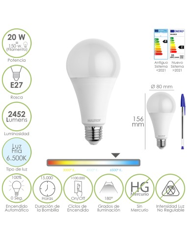 Bombilla Led Estandar Rosca E27. 20 Watt. Equivale A 150 Watt. 2452 Lumenes. Luz Fria (6500º K.)